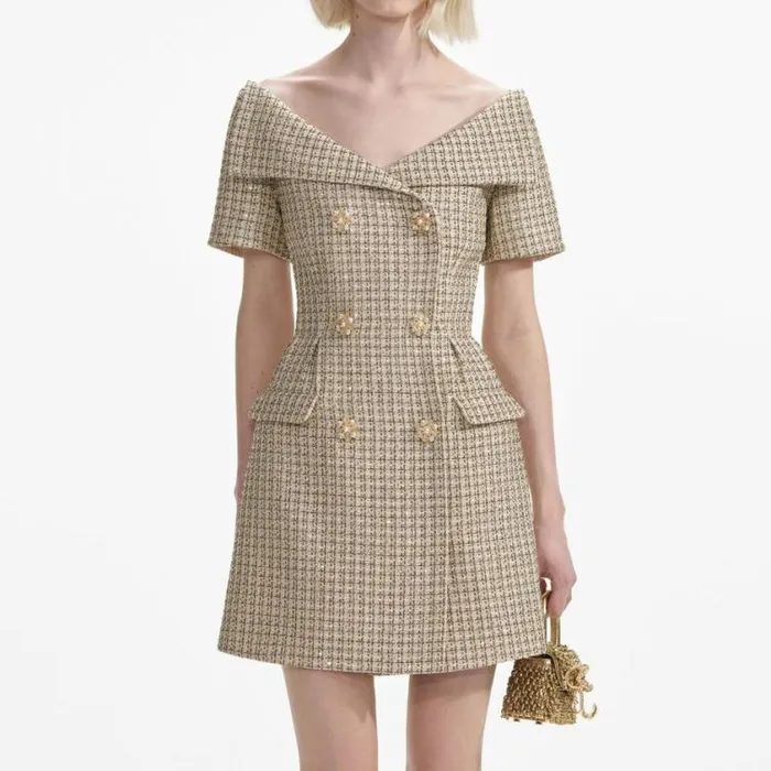 Self Portrait Wedding Guest Gold Boucle Open Neck Mini Dress 8211 Women