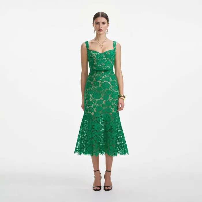 Self Portrait Wedding Guest Green Fine Lace Midi Dress 8211 Women