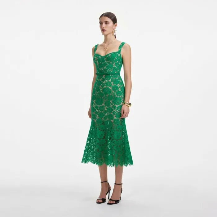 Self Portrait Wedding Guest Green Fine Lace Midi Dress 8211 Women