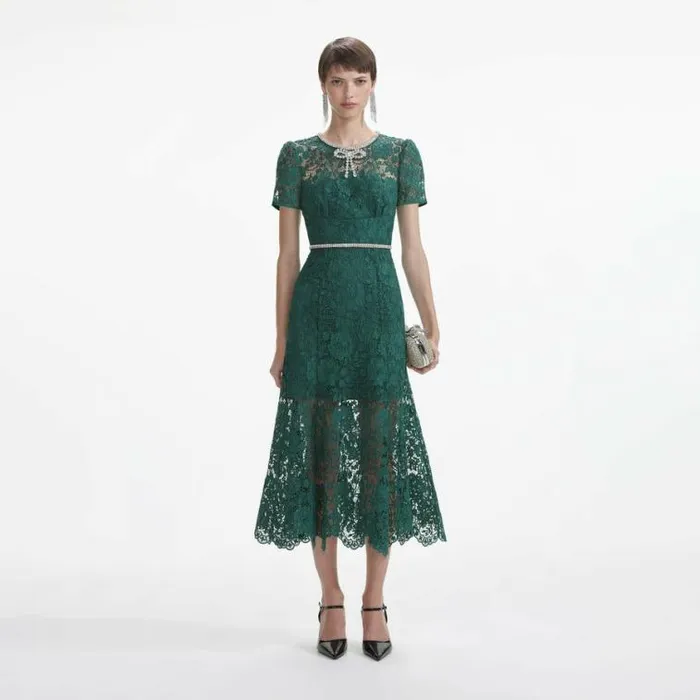Self Portrait Wedding Guest Green Lace Diamante Bow Midi Dress 8211 Women