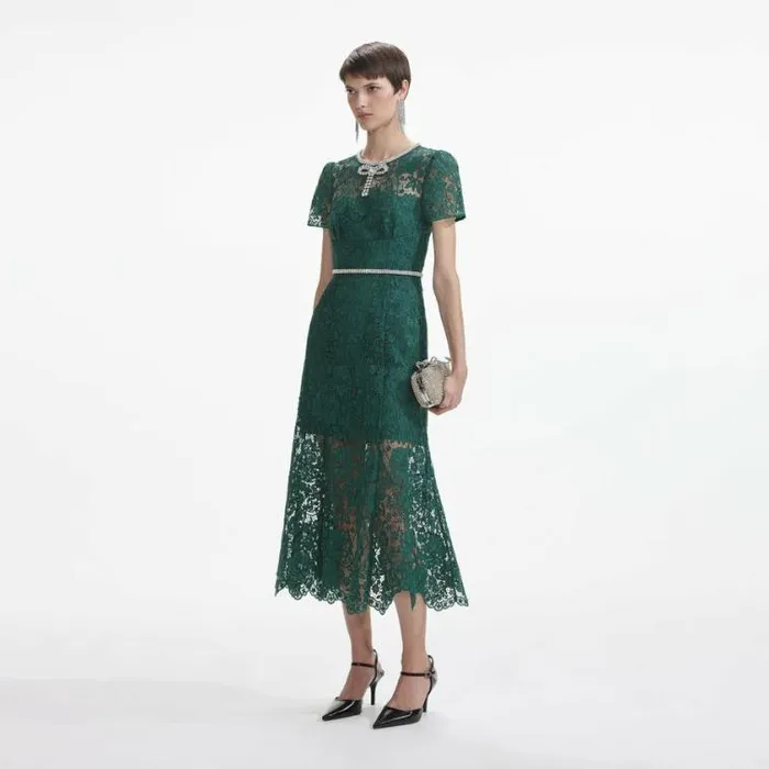 Self Portrait Wedding Guest Green Lace Diamante Bow Midi Dress 8211 Women