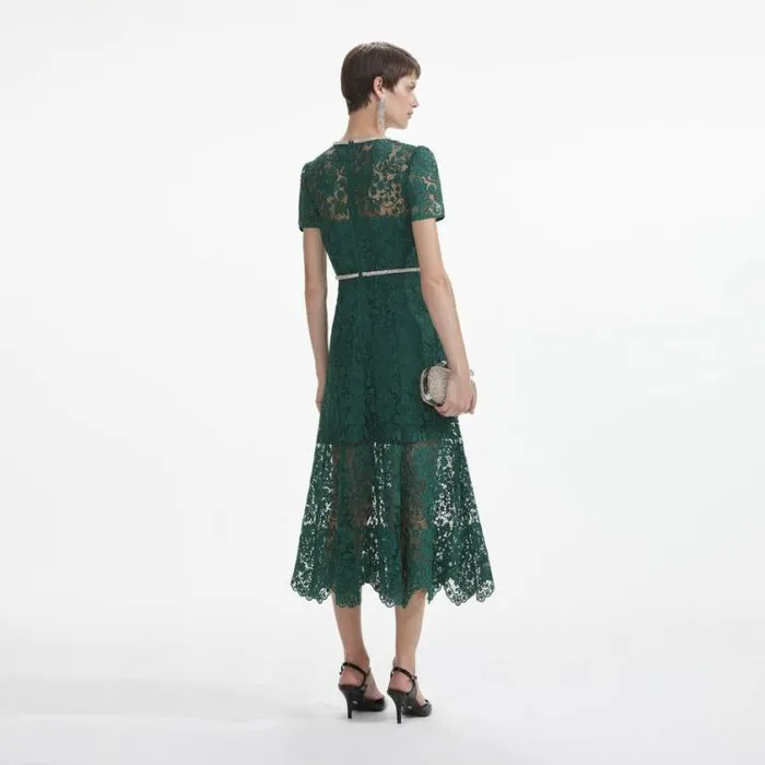 Self Portrait Wedding Guest Green Lace Diamante Bow Midi Dress 8211 Women