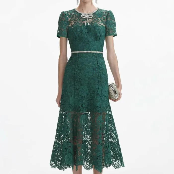 Self Portrait Wedding Guest Green Lace Diamante Bow Midi Dress 8211 Women
