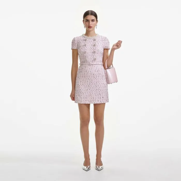 Self Portrait Wedding Guest Pink Boucle Pearl Mini Dress 8211 Women