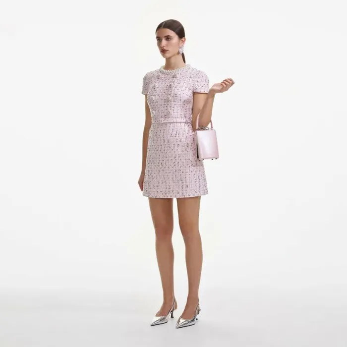 Self Portrait Wedding Guest Pink Boucle Pearl Mini Dress 8211 Women