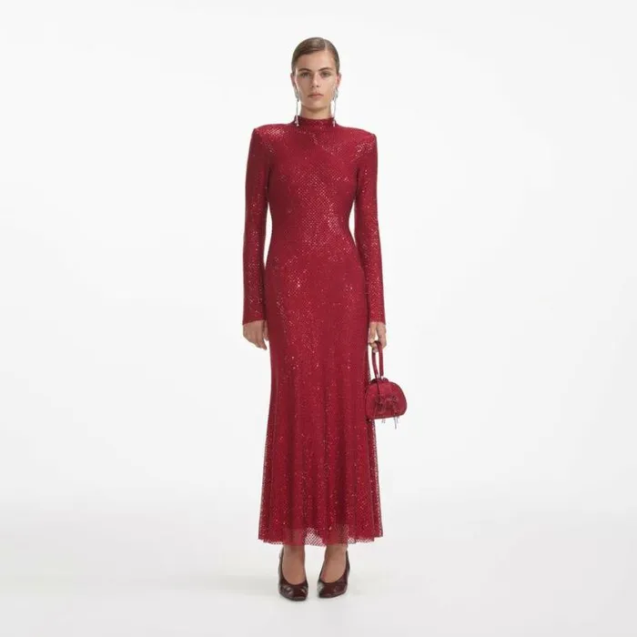 Self Portrait Wedding Guest Red Rhinestone Fishnet Midi Dress 8211 Women