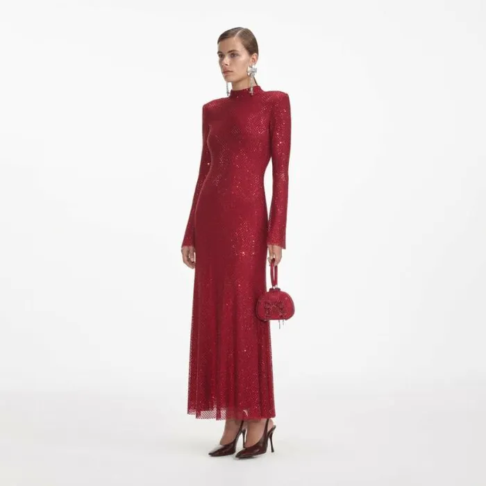 Self Portrait Wedding Guest Red Rhinestone Fishnet Midi Dress 8211 Women