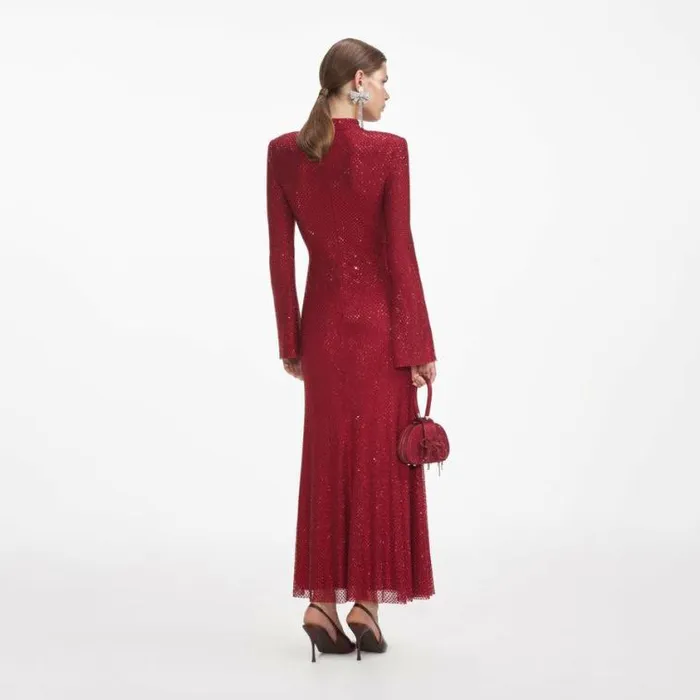 Self Portrait Wedding Guest Red Rhinestone Fishnet Midi Dress 8211 Women