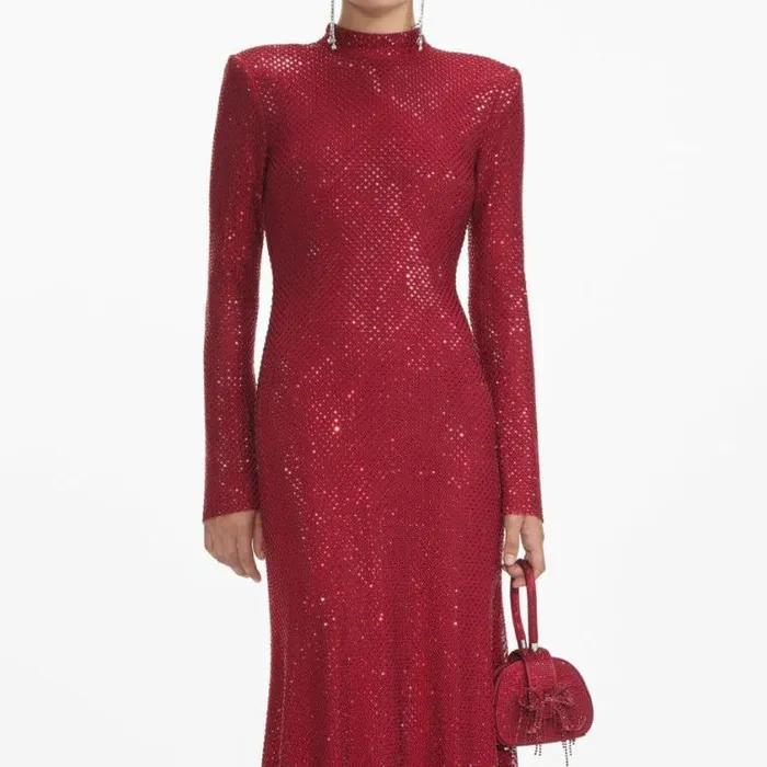 Self Portrait Wedding Guest Red Rhinestone Fishnet Midi Dress 8211 Women