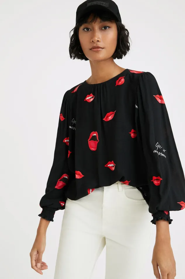 Sheer Blouse With Mouths Women Desigual Tops and Shirts