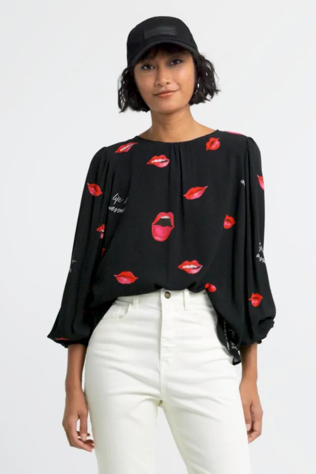 Sheer Blouse With Mouths Women Desigual Tops and Shirts