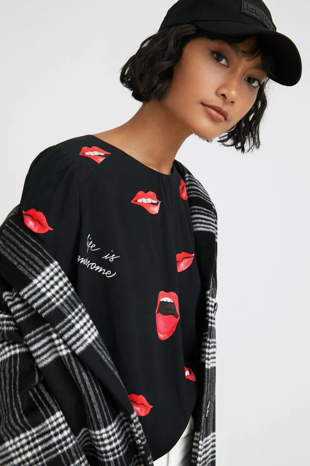 Sheer Blouse With Mouths Women Desigual Tops and Shirts