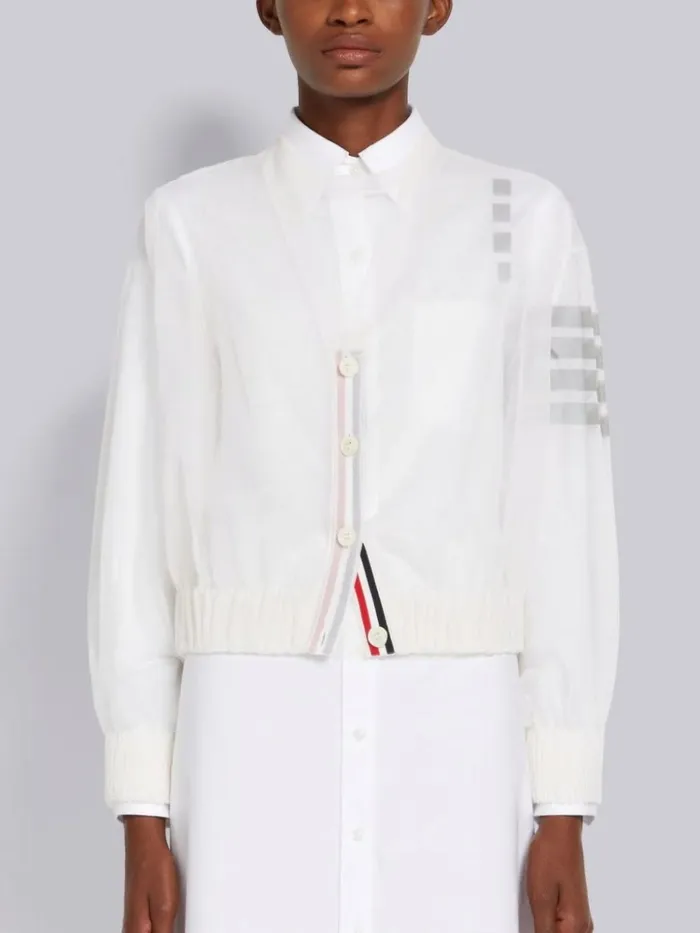 Sheer Ruched Silk 4bar Vneck Cardigan White Women Thom Browne Knitwear