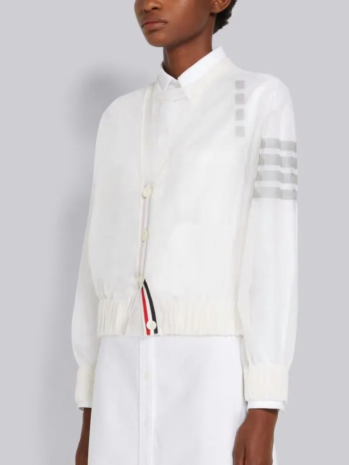 Sheer Ruched Silk 4bar Vneck Cardigan White Women Thom Browne Knitwear
