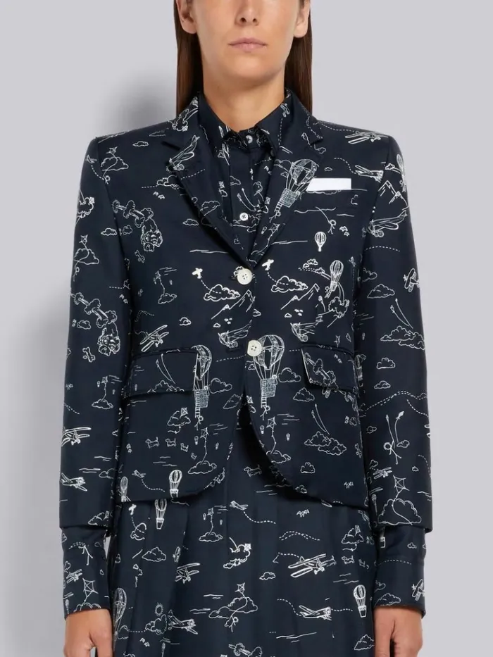Sky Toile Printed Silk Twill High Armhole Jacket Navy Women Thom Browne Jackets Sky Toile Printed Silk Twill High Armhole Jacket Navy Women Thom Browne Jackets