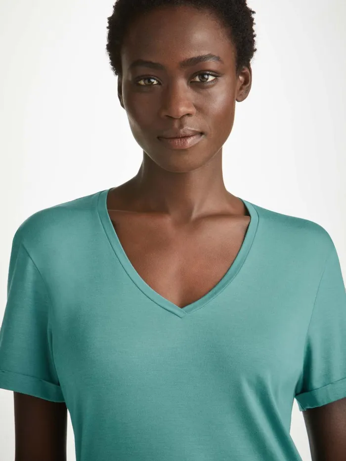 Sleep TShirts Women Derek Rose VNeck Sleep TShirt Lara Micro Modal Stretch Teal