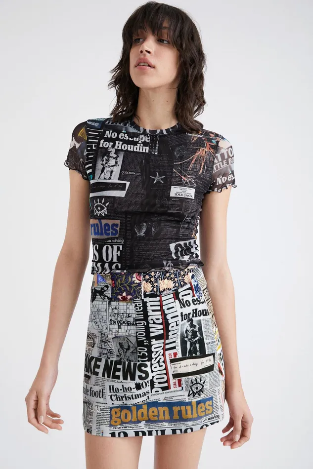 Slim Cropped Newspaper Tshirt Women Desigual Tshirts