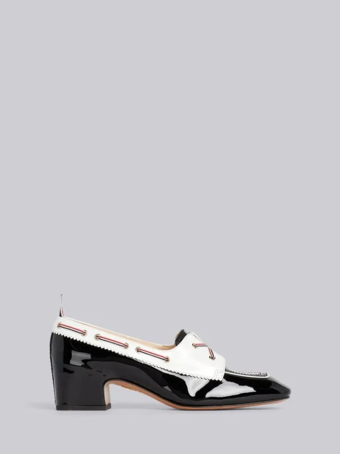 Soft Patent Leather 40mm Block Heel Boat Shoe Black And White Women Thom Browne Heels Soft Patent Leather 40mm Block Heel Boat Shoe Black And White Women Thom Browne Heels