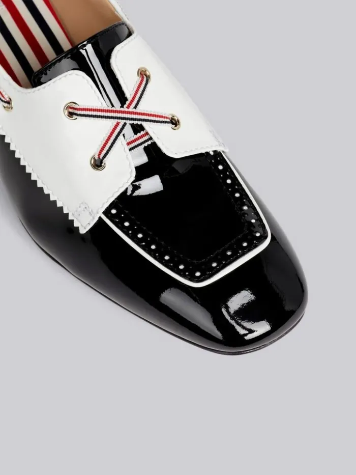 Soft Patent Leather 40mm Block Heel Boat Shoe Black And White Women Thom Browne Heels