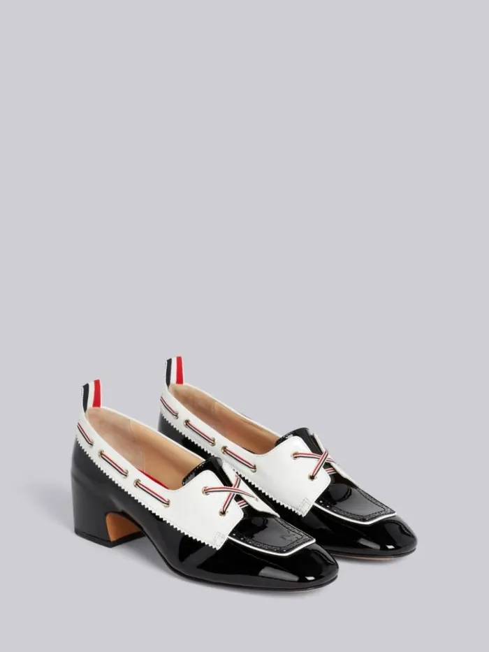 Soft Patent Leather 40mm Block Heel Boat Shoe Black And White Women Thom Browne Heels
