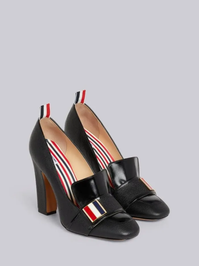 Soft Patent Leather Stripe Enamel Strap 105mm Block Heel Loafer Black Women Thom Browne Heels