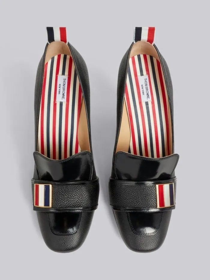 Soft Patent Leather Stripe Enamel Strap 105mm Block Heel Loafer Black Women Thom Browne Heels