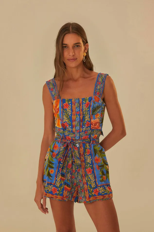 Stiched Garden Blue Romper Women FARM Rio Rompers