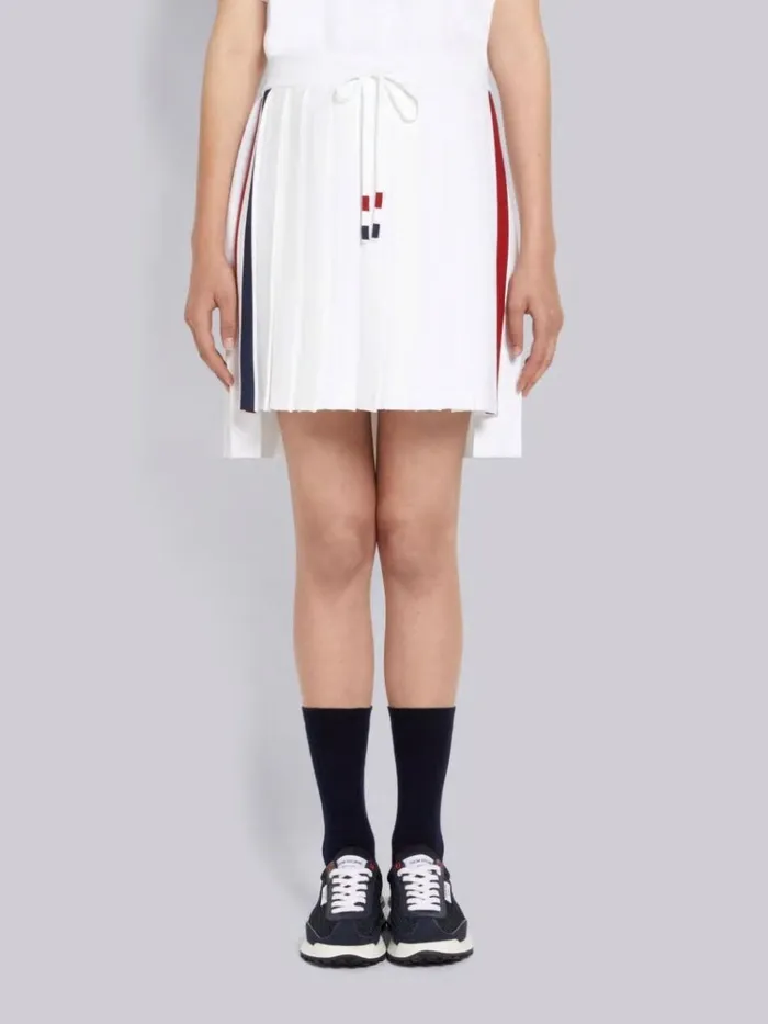 Stretch Viscose Intarsia Side Stripe Dropped Back Pleated Mini Skirt White Women Thom Browne Sweats
