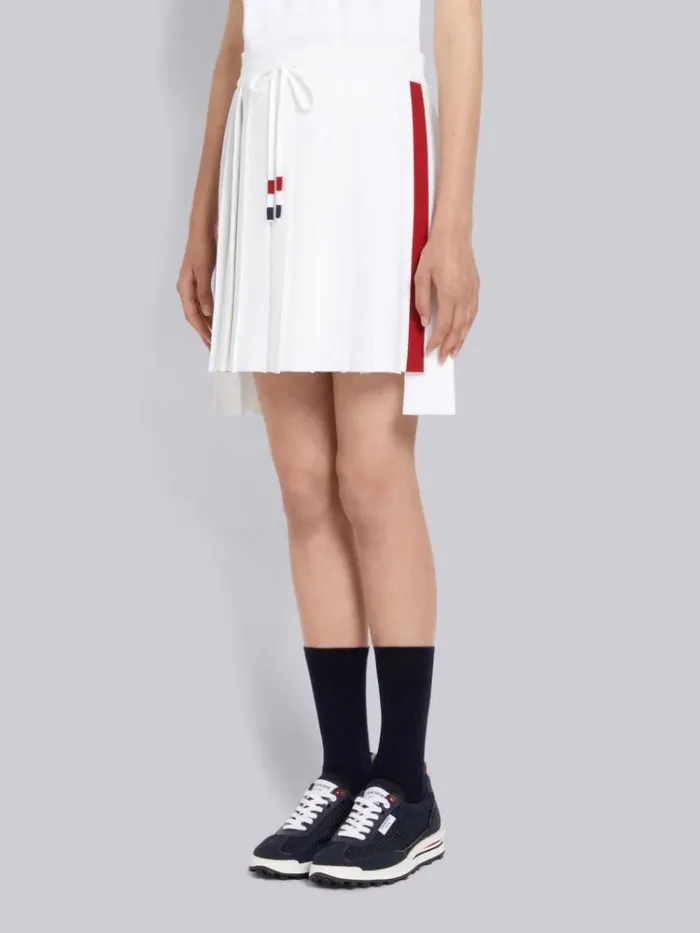 Stretch Viscose Intarsia Side Stripe Dropped Back Pleated Mini Skirt White Women Thom Browne Sweats