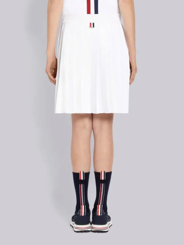 Stretch Viscose Intarsia Side Stripe Dropped Back Pleated Mini Skirt White Women Thom Browne Sweats
