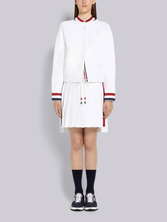 Stretch Viscose Intarsia Side Stripe Dropped Back Pleated Mini Skirt White Women Thom Browne Sweats