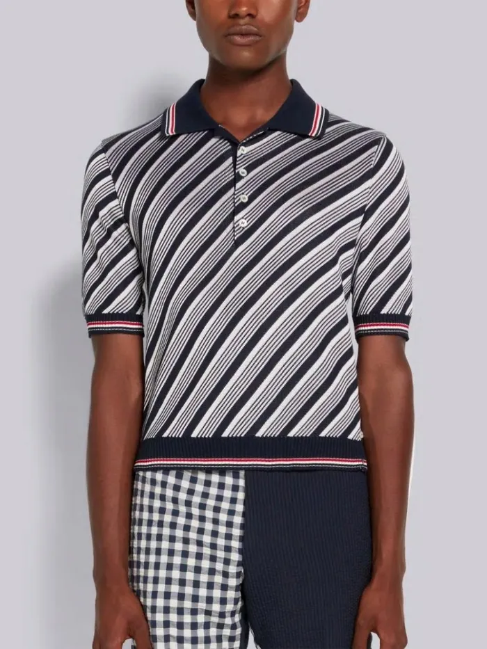 Stripe Cotton Silk Stripe Tipping Polo Navy Men Thom Browne Knitwear