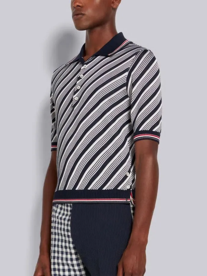Stripe Cotton Silk Stripe Tipping Polo Navy Men Thom Browne Knitwear