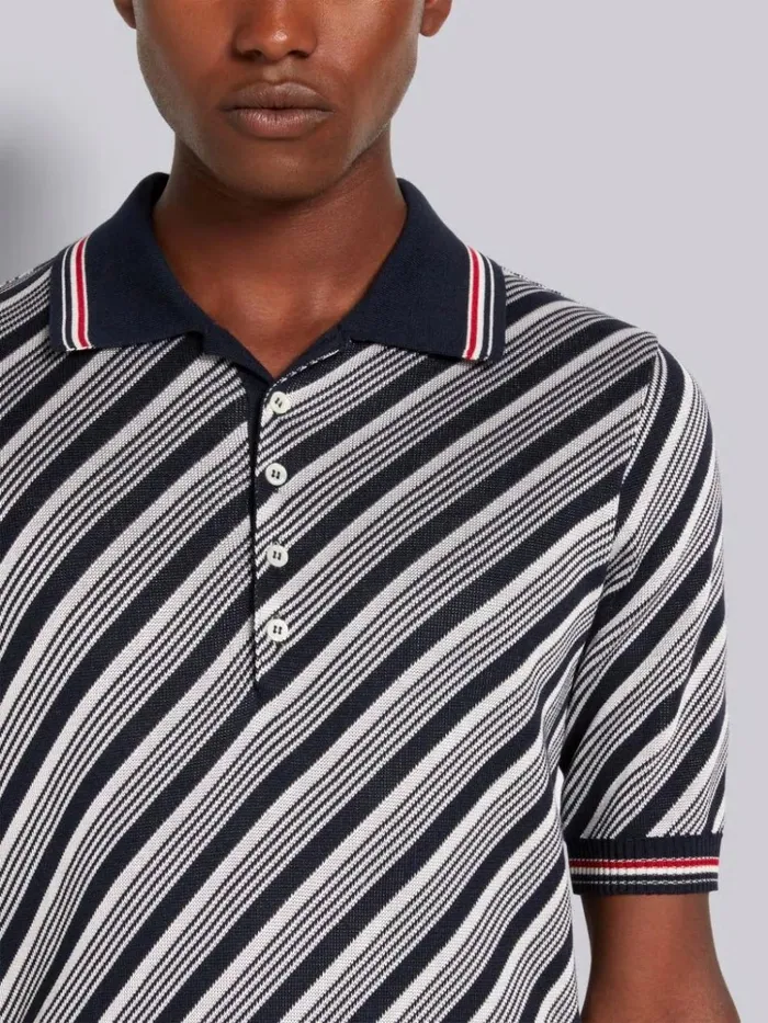 Stripe Cotton Silk Stripe Tipping Polo Navy Men Thom Browne Knitwear