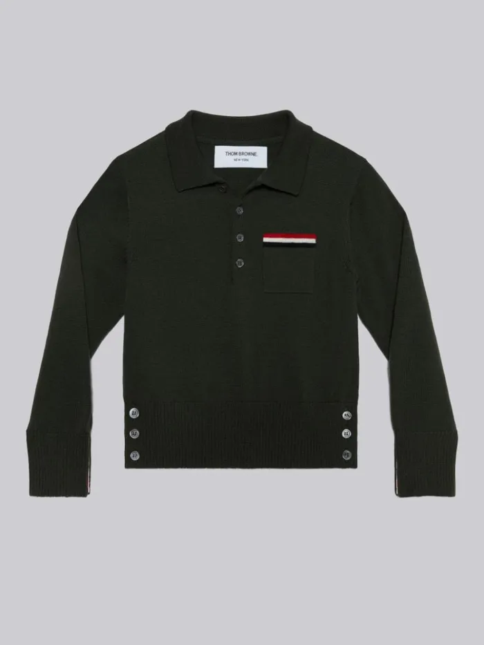 Sustainable Fine Merino Wool Stripe Longsleeved Polo Dark Green Boys Thom Browne Knitwear Sustainable Fine Merino Wool Stripe Longsleeved Polo Dark Green Boys Thom Browne Knitwear