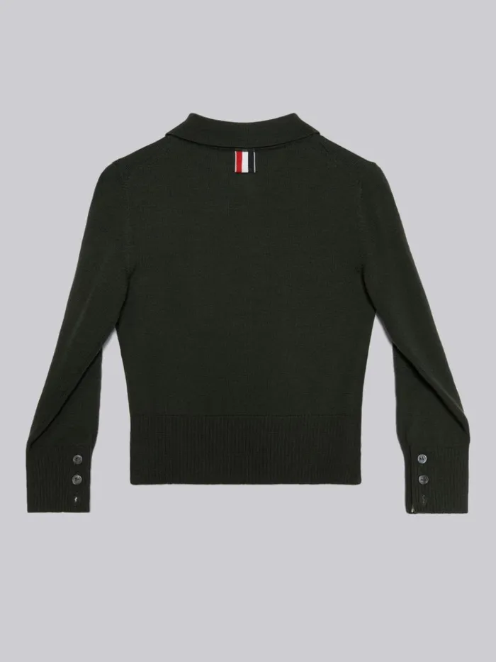 Sustainable Fine Merino Wool Stripe Longsleeved Polo Dark Green Boys Thom Browne Knitwear