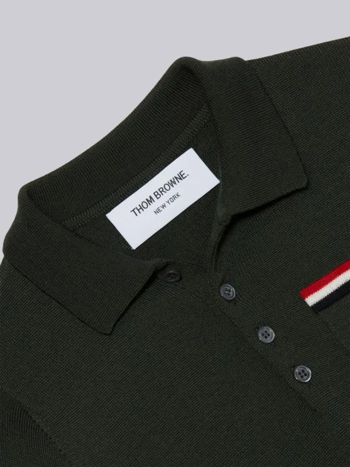 Sustainable Fine Merino Wool Stripe Longsleeved Polo Dark Green Boys Thom Browne Knitwear