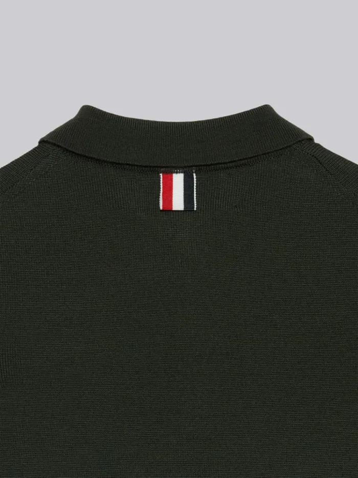 Sustainable Fine Merino Wool Stripe Longsleeved Polo Dark Green Boys Thom Browne Knitwear