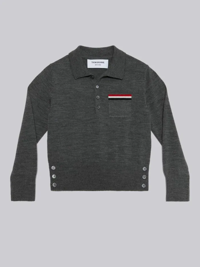 Sustainable Fine Merino Wool Stripe Longsleeved Polo Medium Grey Boys Thom Browne Knitwear Sustainable Fine Merino Wool Stripe Longsleeved Polo Medium Grey Boys Thom Browne Knitwear