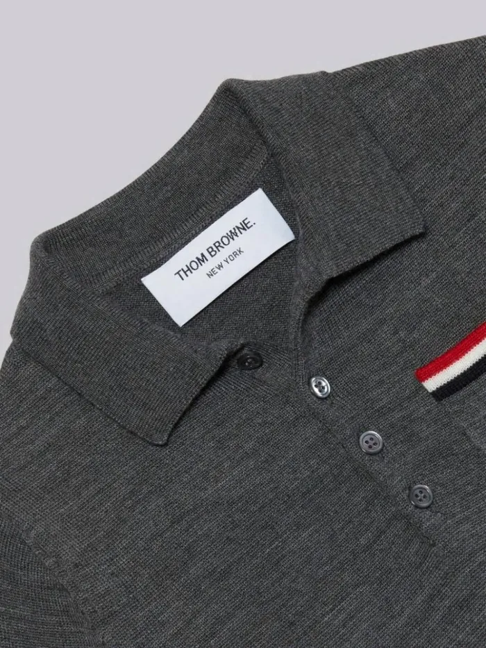 Sustainable Fine Merino Wool Stripe Longsleeved Polo Medium Grey Boys Thom Browne Knitwear