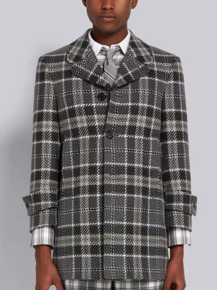 Tartan Check Cashmere Tweed Round Collar High Break Overcoat Medium Grey Men Thom Browne Outerwear Tartan Check Cashmere Tweed Round Collar High Break Overcoat Medium Grey Men Thom Browne Outerwear