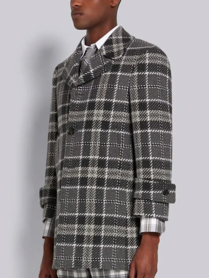Tartan Check Cashmere Tweed Round Collar High Break Overcoat Medium Grey Men Thom Browne Outerwear