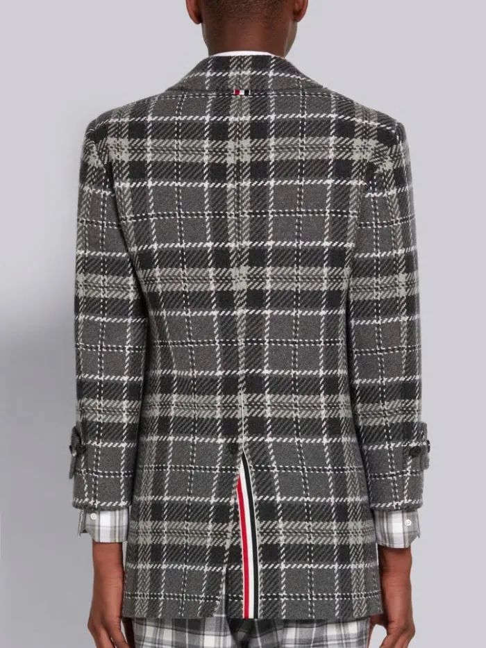 Tartan Check Cashmere Tweed Round Collar High Break Overcoat Medium Grey Men Thom Browne Outerwear