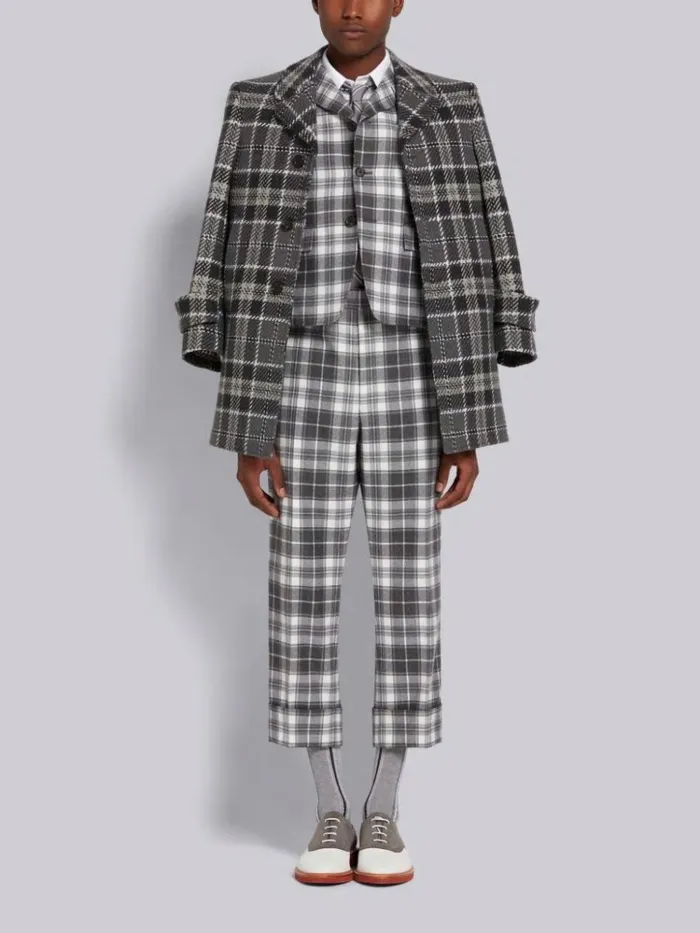 Tartan Check Cashmere Tweed Round Collar High Break Overcoat Medium Grey Men Thom Browne Outerwear