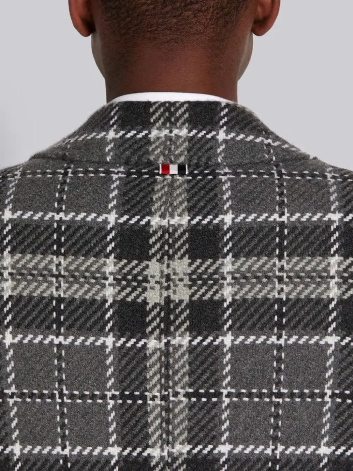 Tartan Check Cashmere Tweed Round Collar High Break Overcoat Medium Grey Men Thom Browne Outerwear