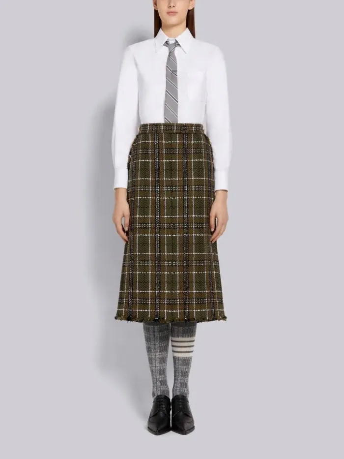 Tartan Check Tweed Frayed Belowtheknee Sack Skirt Dark Green Women Thom Browne Skirts
