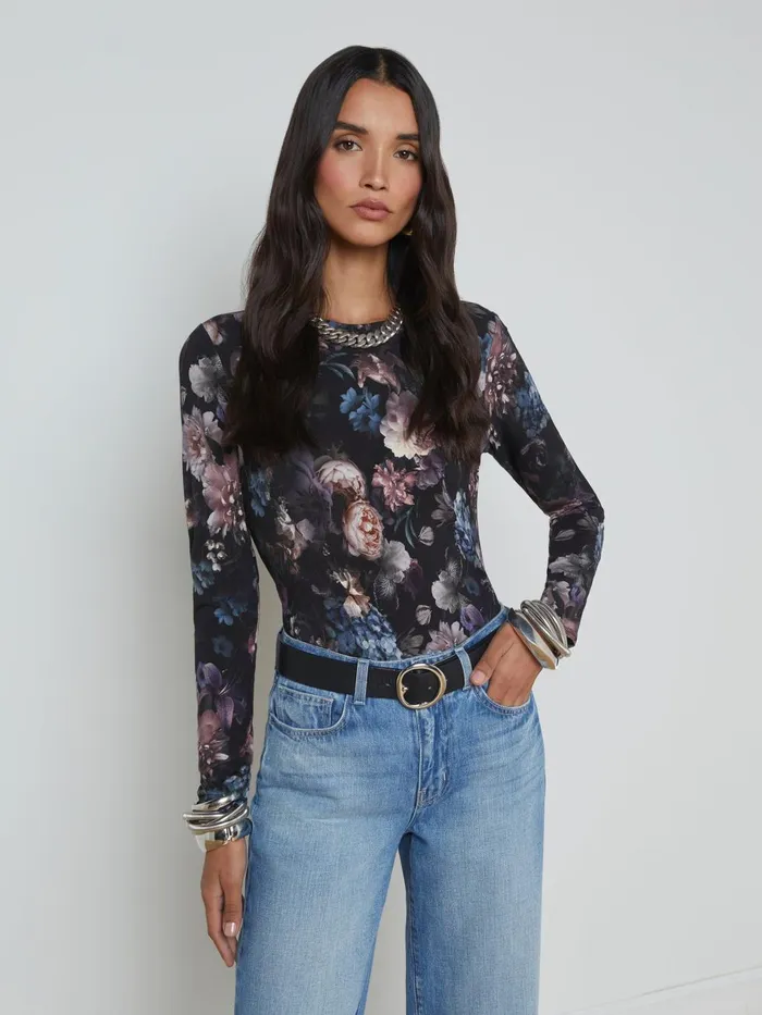 Tess Long Sleeve Tee Black Multi Vintage Oil Flower Women L039Agence Tees