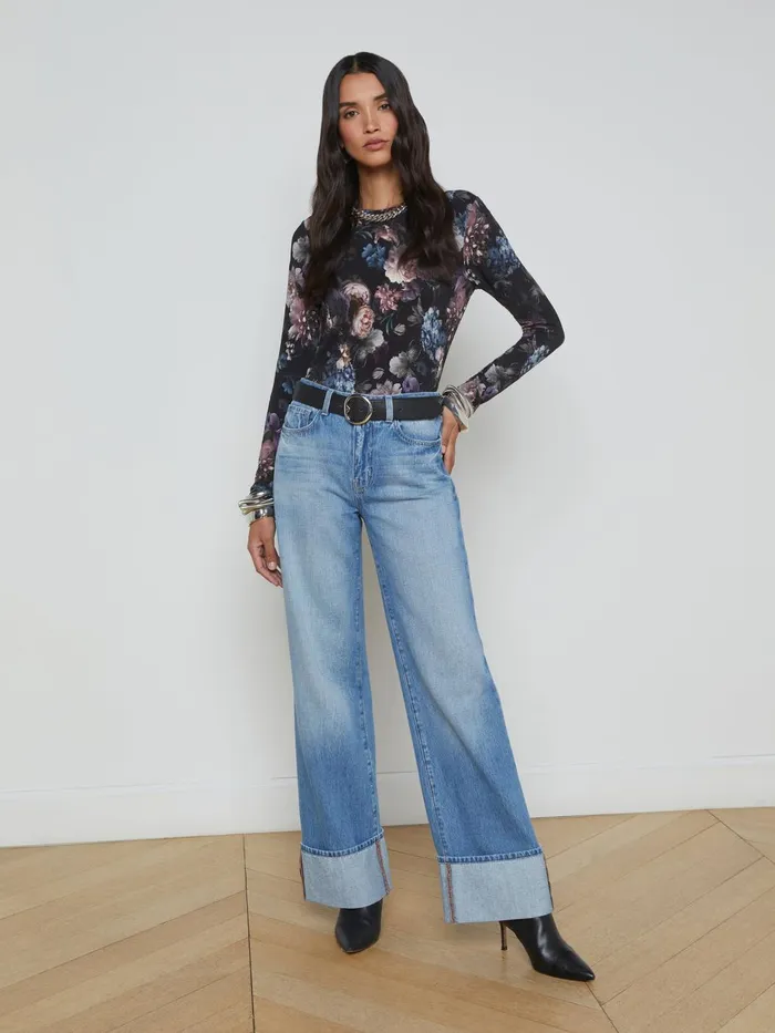Tess Long Sleeve Tee Black Multi Vintage Oil Flower Women L039Agence Tees Tess Long Sleeve Tee Black Multi Vintage Oil Flower Women L039Agence Tees