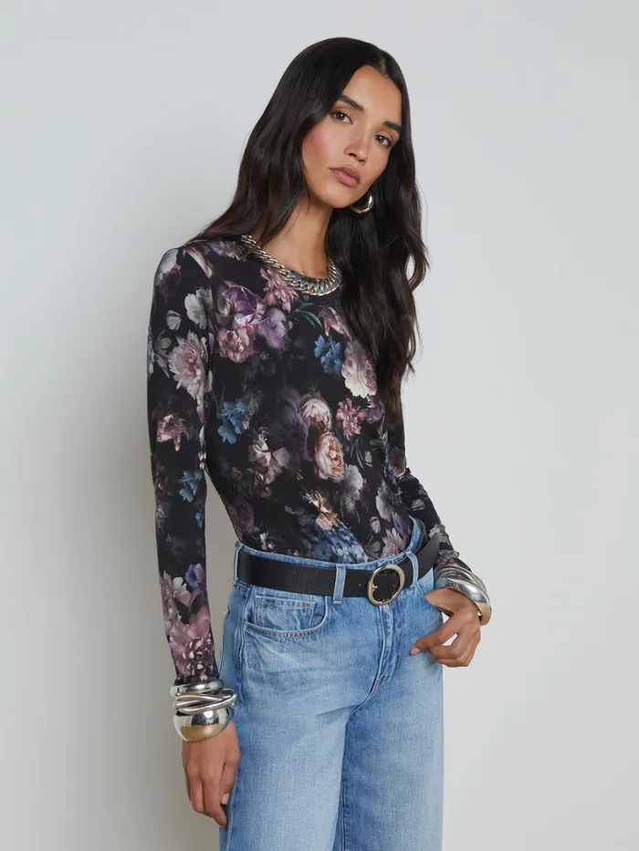 Tess Long Sleeve Tee Black Multi Vintage Oil Flower Women L039Agence Tees Tess Long Sleeve Tee Black Multi Vintage Oil Flower Women L039Agence Tees