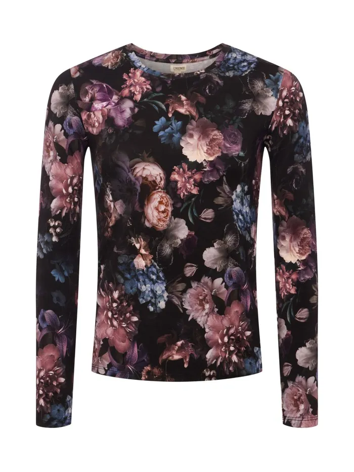 Tess Long Sleeve Tee Black Multi Vintage Oil Flower Women L039Agence Tees Tess Long Sleeve Tee Black Multi Vintage Oil Flower Women L039Agence Tees